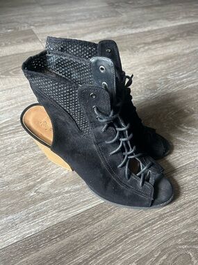 Black Suede Lace-Up Peep Toe Wedge Booties - Women